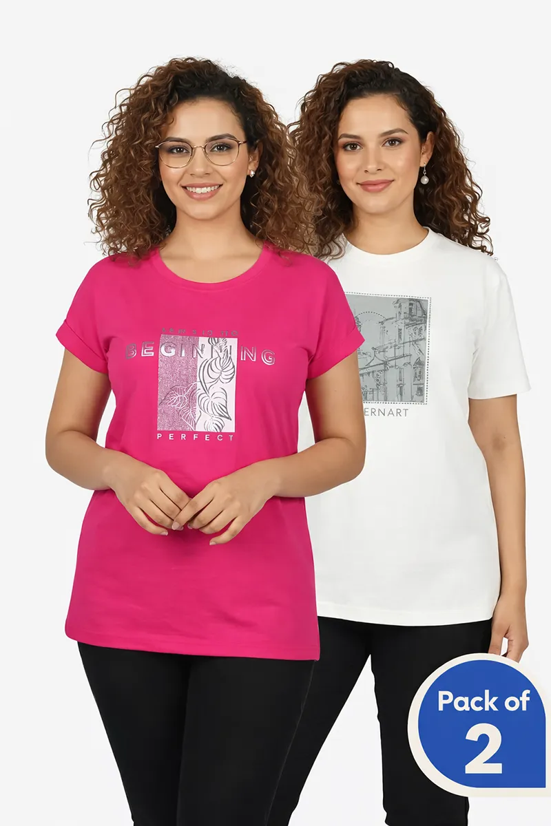 Cotton Printed T-Shirt for Women - Pack of 2 