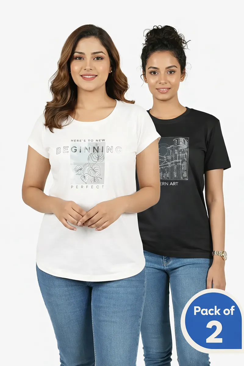 Cotton Printed T-Shirt for Women - Pack of 2 