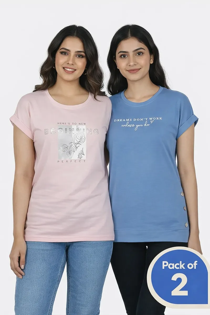 Cotton Printed T-Shirt for Women - Pack of 2
