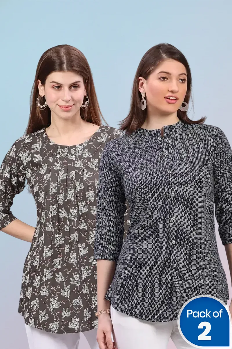 Cotton Blend Printed Top for Women - Pack of 2 