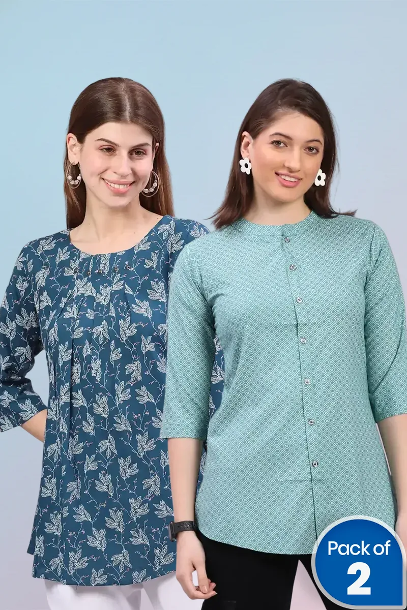 Cotton Blend Printed Top for Women - Pack of 2