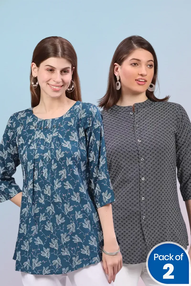 Cotton Blend Printed Top for Women - Pack of 2 