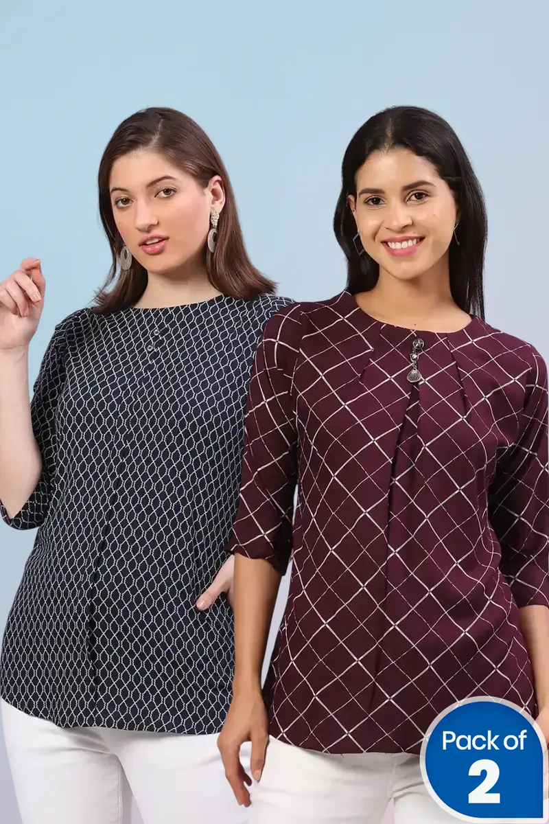Cotton Blend Printed Top for Women - Pack of 2 