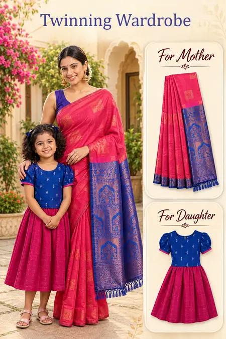 Mom & Daughter Twinning Combo – Saree with Pattu Pavadai Set