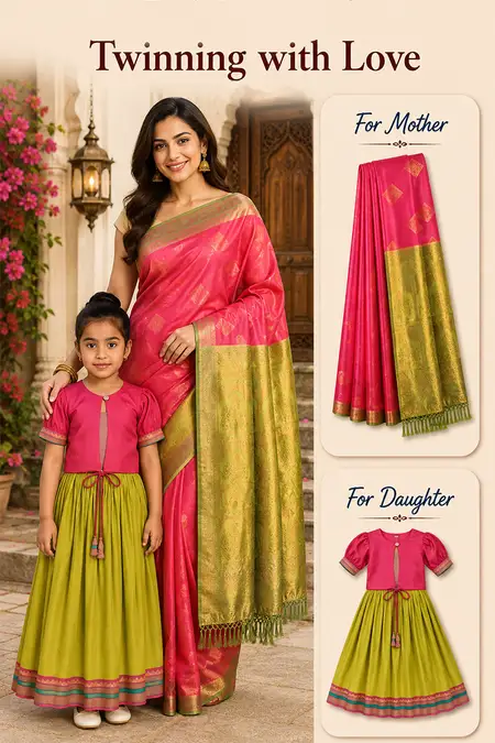 Mom & Daughter Twinning Combo – Saree with Pattu Pavadai Set