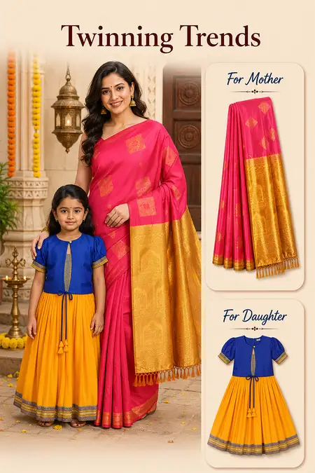 Mom & Daughter Twinning Combo – Saree with Pattu Pavadai Set