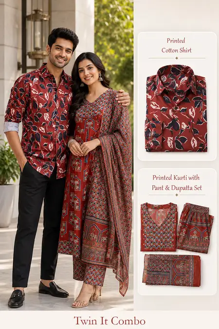 Casual Twin Combo for Men & Women (Shirt & Kurti 3Pcs Set)
