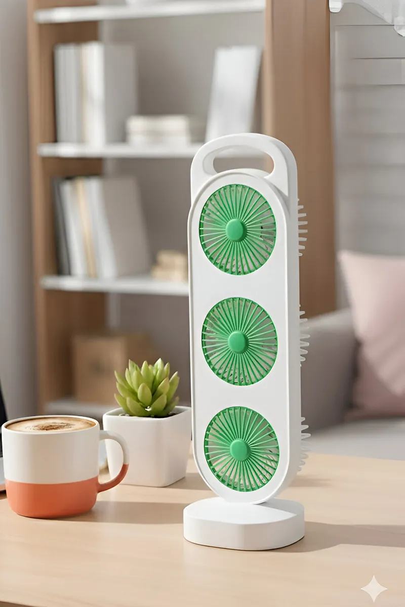 Triple Circulation Wind Mini Tabletop Fan (White & Green)