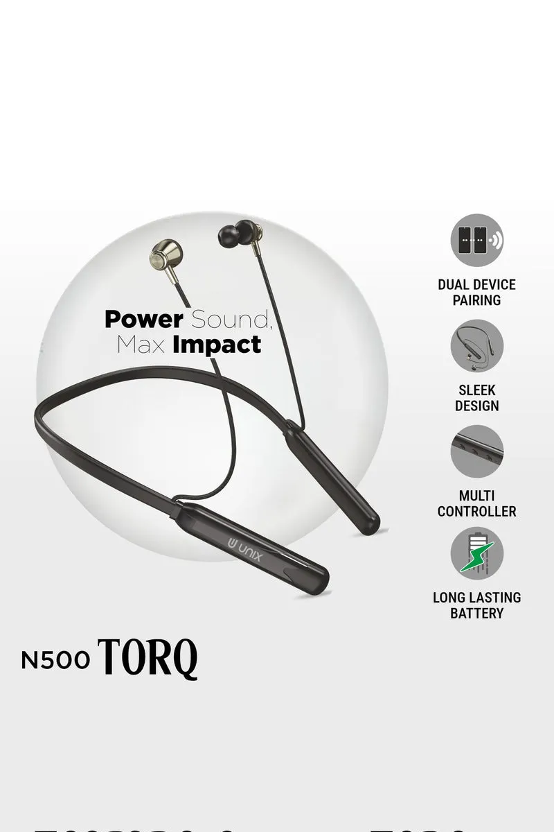 Unix Torq N500 Wireless Bluetooth In Ear Neckband with 42 Hrs Playtime, Quick Charge, Dual Device Pair (Black)