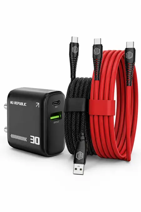 Nu Republic Cybotron 30W Charger + Blaze Supersonic 65W Type-C to Type-C Cable Combo of 2