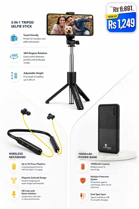 Kratos K1 3-in-1 Selfie Stick + N6 Neckband + Legend Pro 10000mAh Power Bank Combo of 3