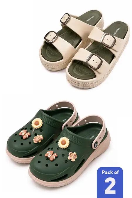 Double-Buckle Sandals & Charm Clogs Combo for Women -  Pack of 2 Pairs