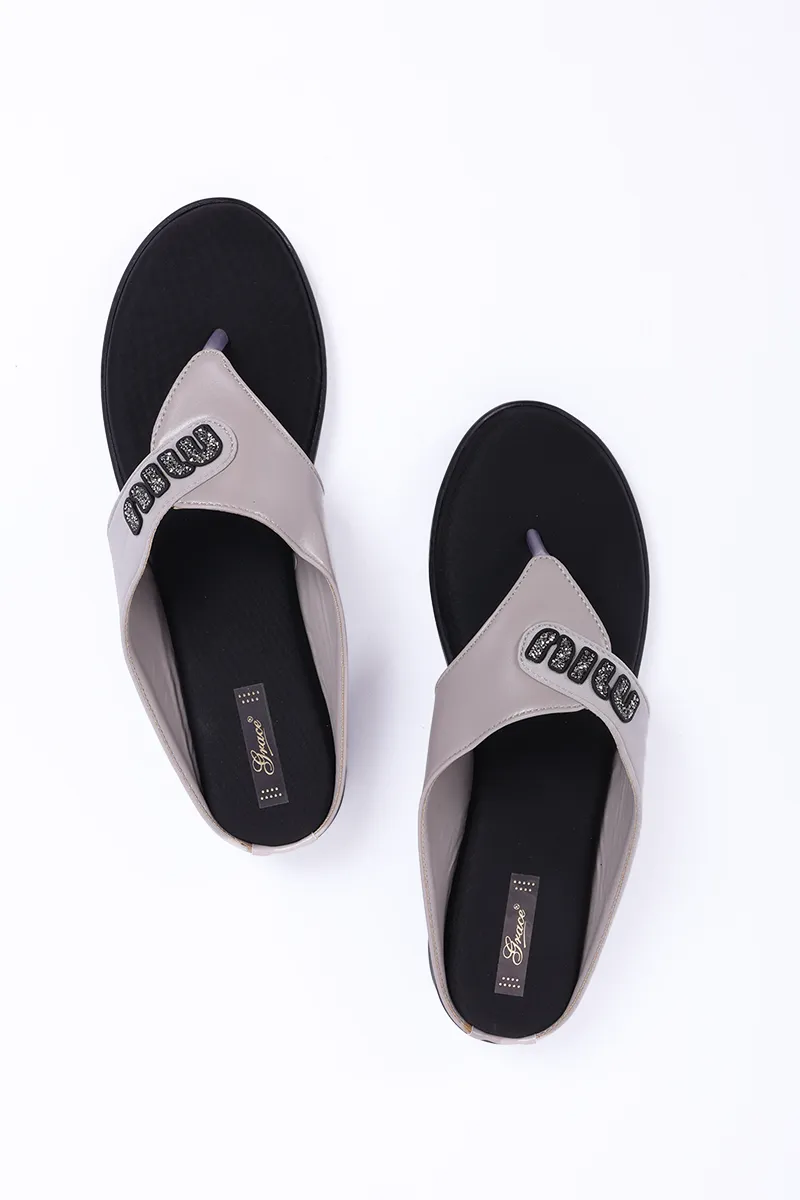 Slip-On Wedge Slippers with Glitter Strap for Women