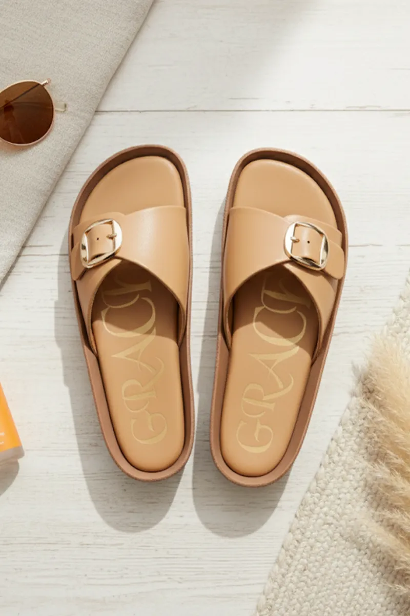 Stylish Slip-On Slides with Adjustable Buckle for Women FWS000005TAN37