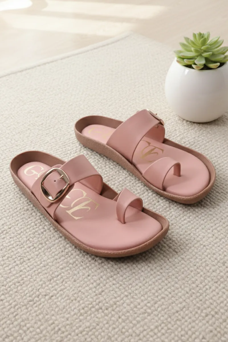 Flat Slippers with Buckle Strap & Toe Loop for Women FWS000012PNK38