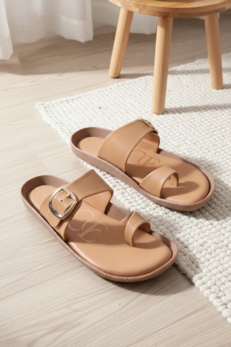 Flat Slippers with Buckle Strap & Toe Loop for Women