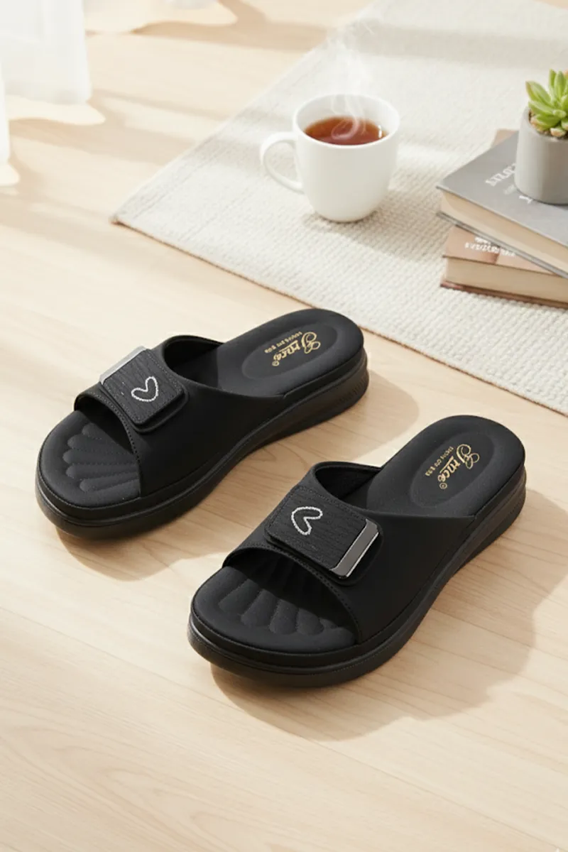 Slip-On Wedge Heel Slippers with Heart Accent for Women