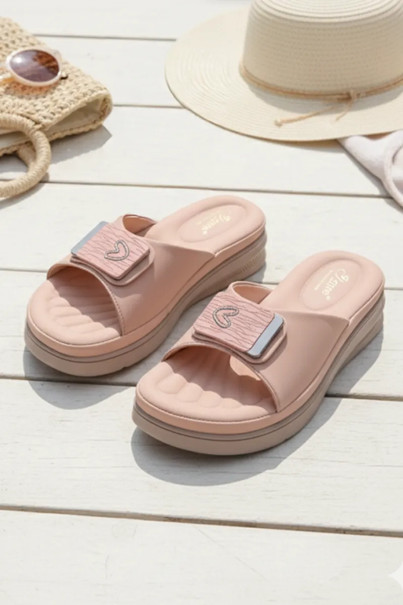 Slip-On Wedge Heel Slippers with Heart Accent for Women
