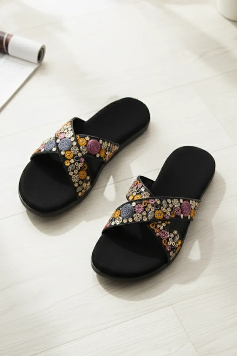 Embroidered Cross Strap Slip-On Slippers for Women