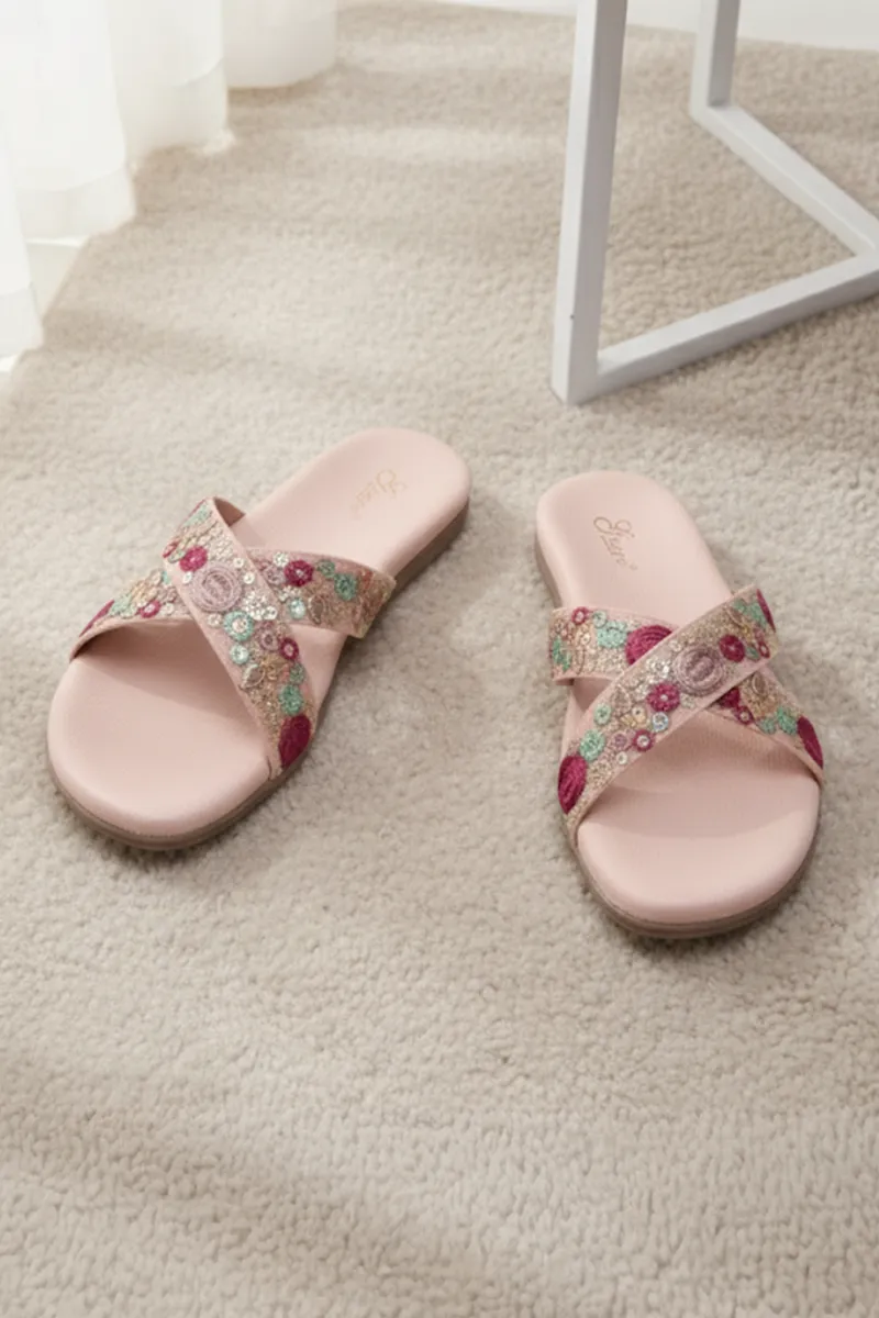 Embroidered Cross Strap Slip-On Slippers for Women
