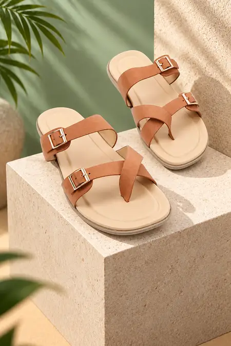 Crisscross Toe Loop Slip-On Slippers with Buckle Strap