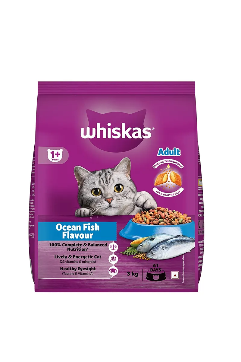 Whiskas Adult Dry Cat Food (1+ Years) - Ocean Fish Flavour (3kg)