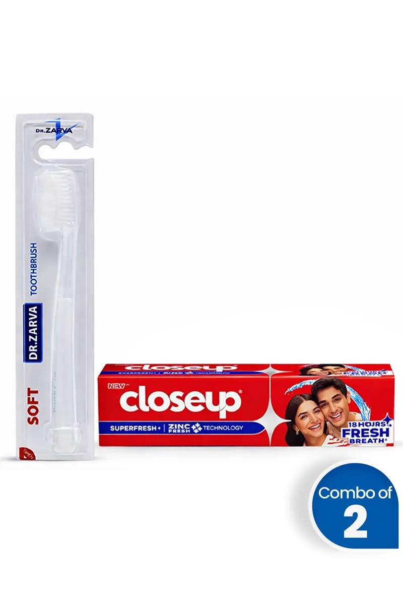 Fresh Smile Oral Care Combo (Closeup Superfresh+ Red Hot Gel Toothpaste + Dr. Zarva Soft Bristles Toothbrush) - Combo of 2