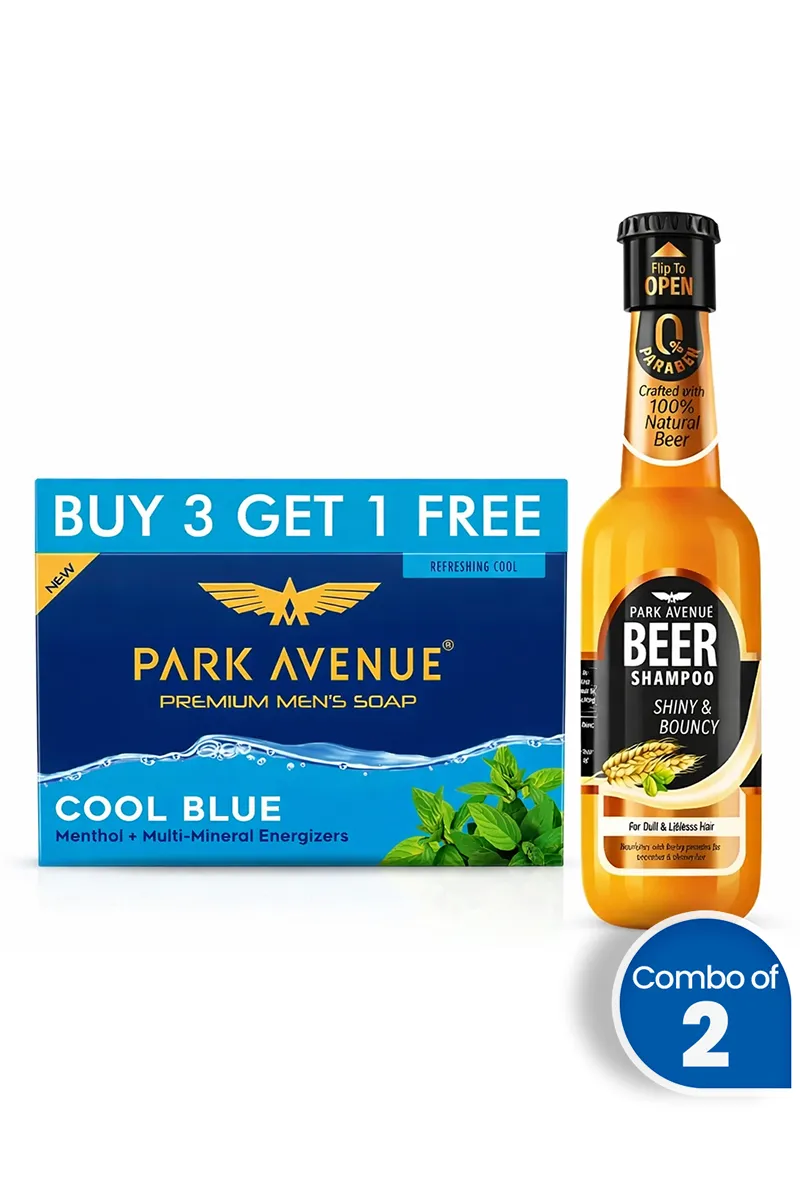 Park Avenue Men’s Refreshing Bath & Hair Care Combo (Cool Blue Soap + Beer Shampoo) - Combo of 2