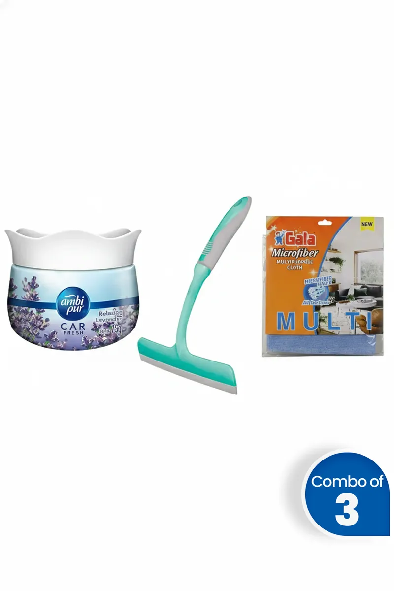 Car Freshness & Cleaning Essentials Combo (Car Air Freshener Gel + Moppy Wiper + Microfiber Cloth) - Combo of 3