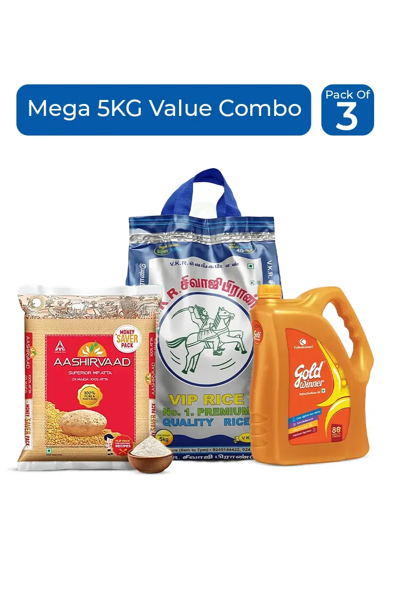 Mega 5KG Value Combo (Atta, Oil & VKR Sivaji Brand Rice) - Pack Of 3