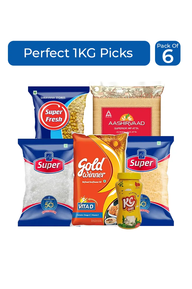 Perfect 1KG Picks (Atta, Oil, Rice, Dal, Sugar & Ghee) - Pack Of 6