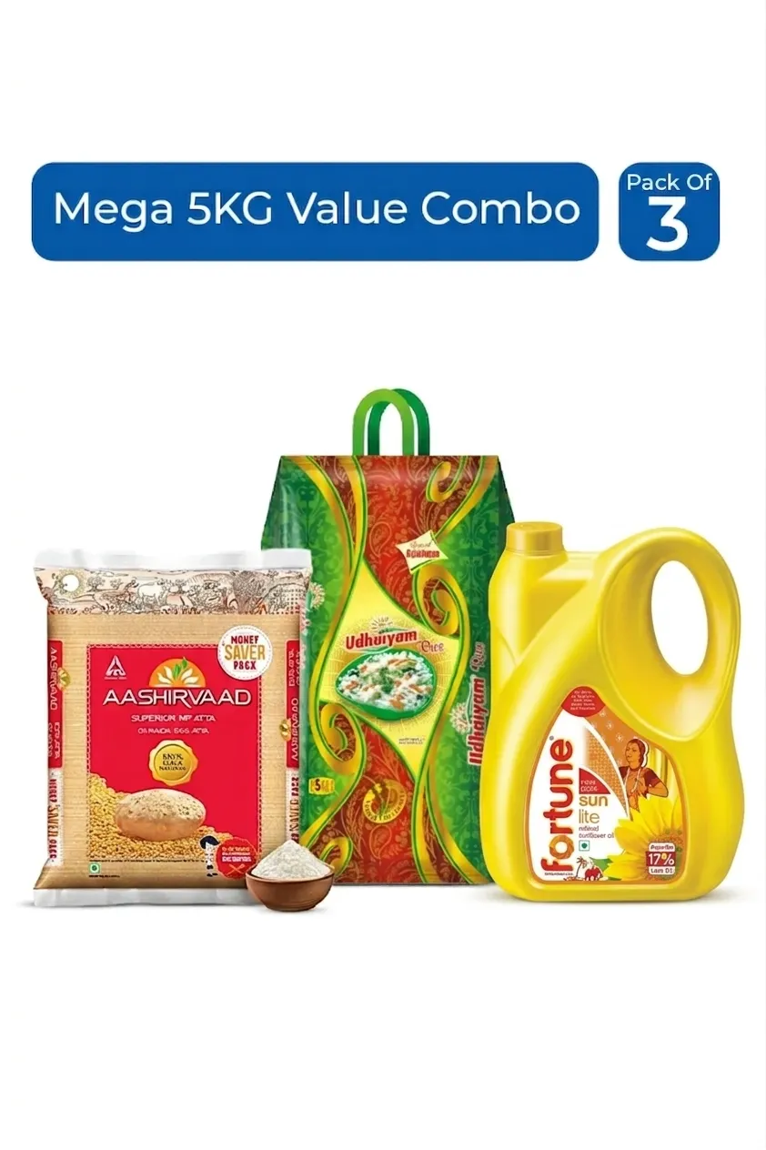 Mega 5KG Value Combo (Atta, Fortune Sunflower Oil & Udhaiyam Rice) - Pack Of 3 (Each 5Kg) Pack of 3 