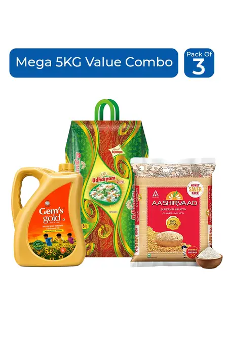 Mega 5KG Value Combo (Atta, Gem's Gold Oil & Udhaiyam Rice) - Pack Of 3 (Each 5Kg) Pack of 3