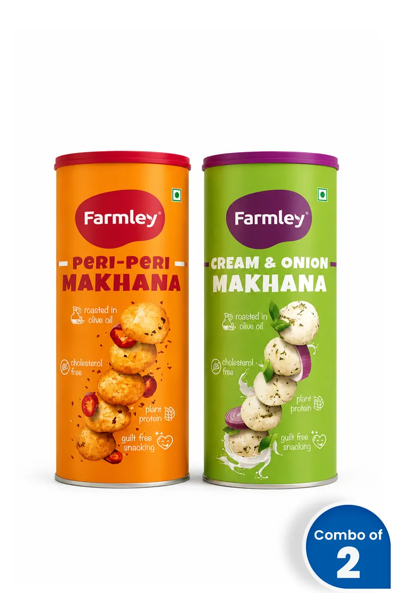 Farmley Roasted Makhana Snack Combo (Peri Peri & Cream & Onion) - 77g Each