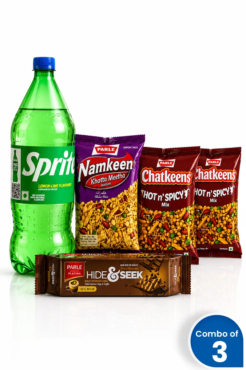 Sprite & Parle Snack Combo (Chatkeens Mixture Trio (200g x 3), Hide & Seek Caffe Mocha Cookies (100g), Sprite (2.25L))