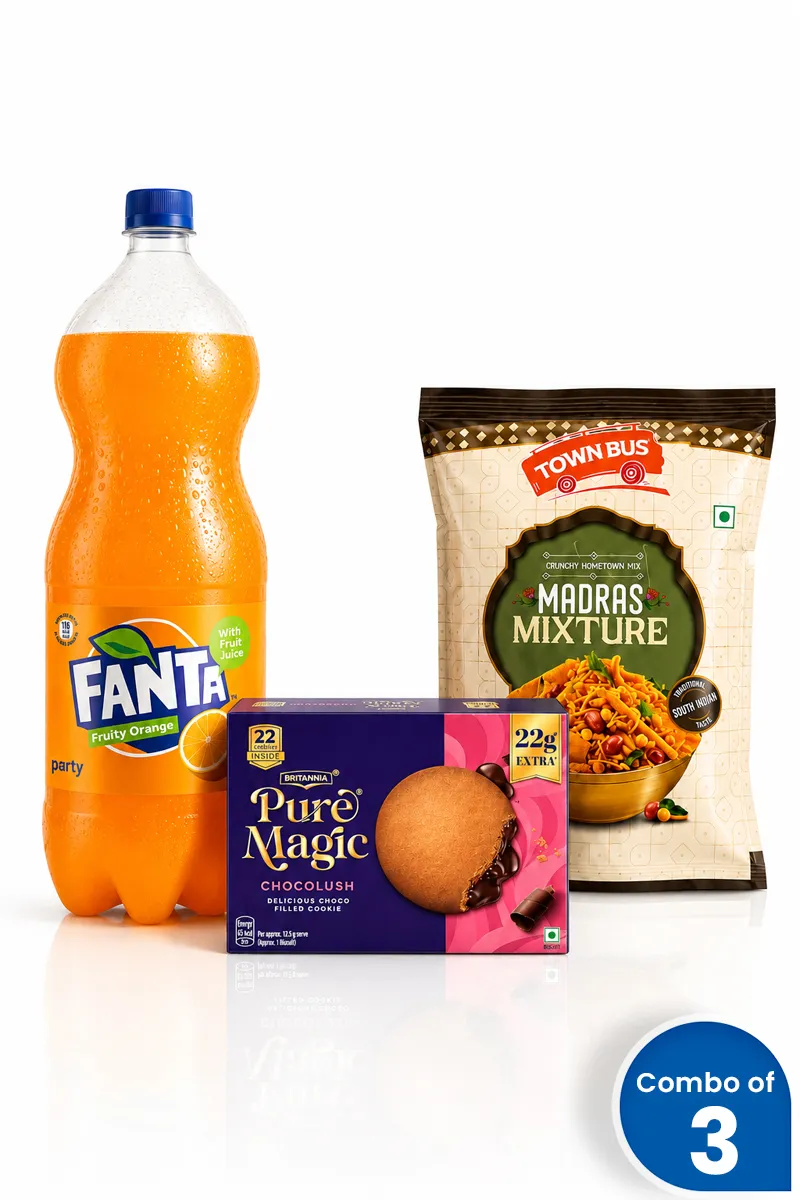 Britannia Chocolush (275g), Madras Mixture (500g) & Fanta Snack (2.25L) Combo 