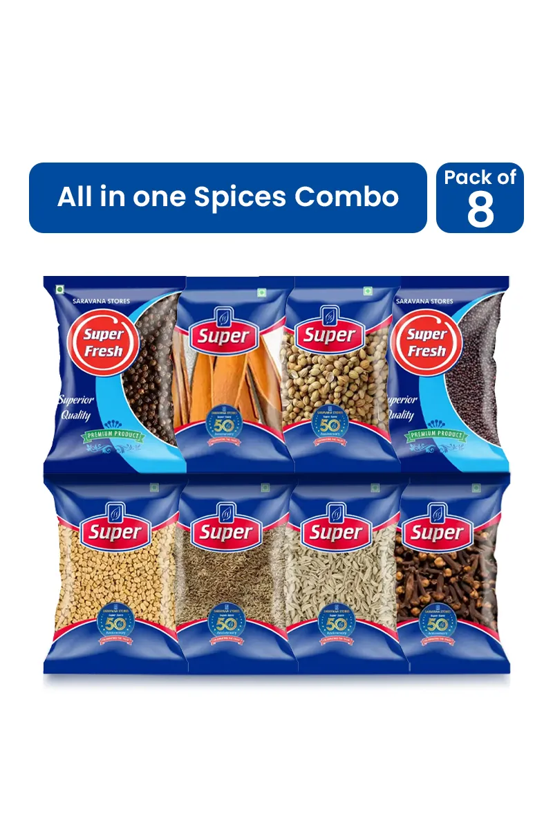 Super All in One Spices Combo (Kadugu, Vendhayam, Jeera, Sombu, Cinnamon, Cloves, Black Pepper & Dhaniya Seeds)