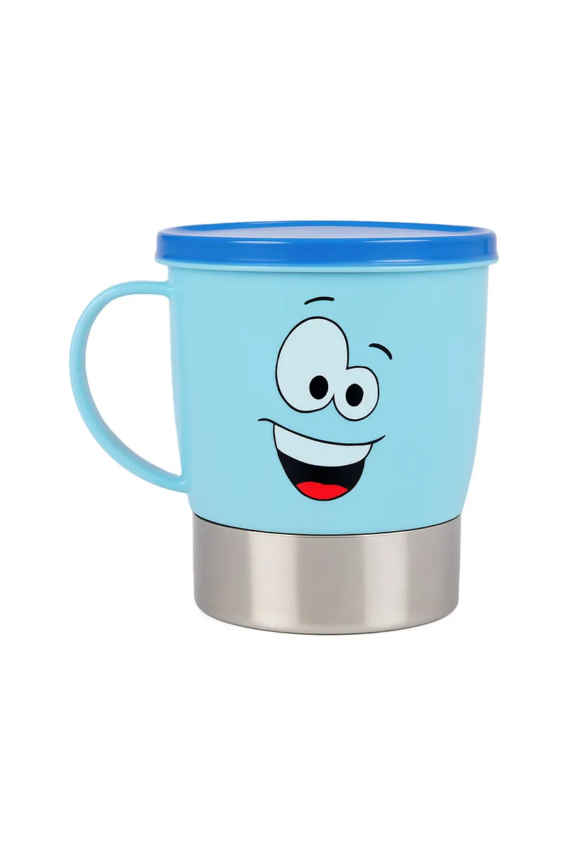 Plastic & Stainless Steel Mug with Lid, Blue - 220 ML