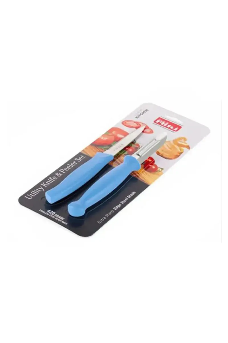 Ritu Plastic & Stainless Steel Utility Knife & Peeler Set, Blue - 17 Cm
