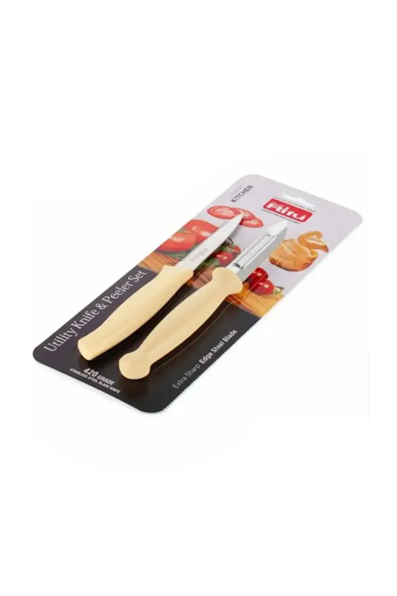 Ritu Plastic & Stainless Steel Utility Knife & Peeler Set, Sandal - 17 Cm