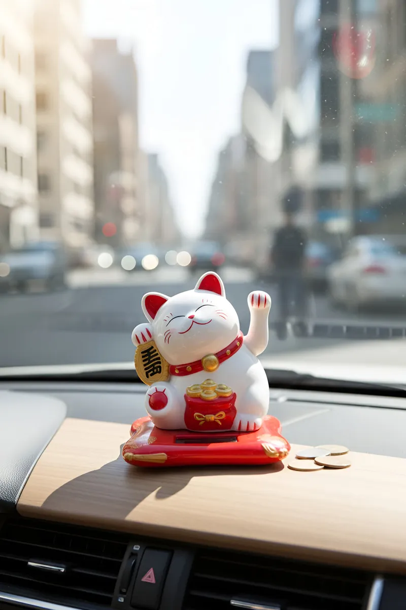Solar Powered Happy Cat Beautiful with Arm Waves for Car Decoration, Office Decoration (White)