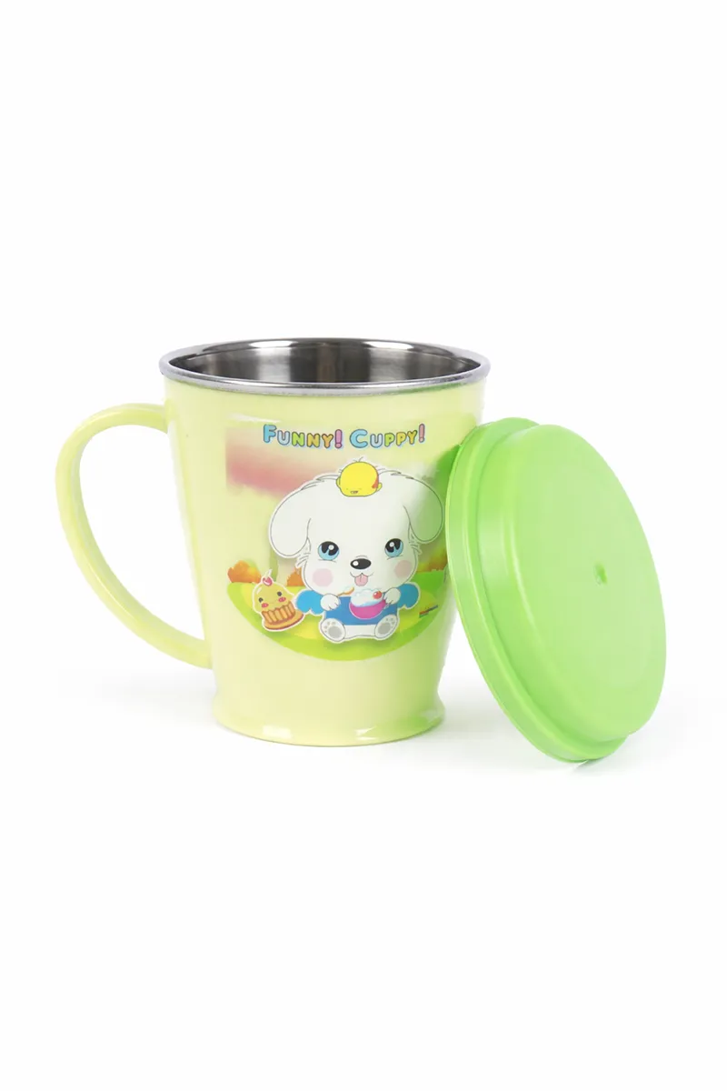 Plastic & Stainless Steel Cup with Lid, Green - 225 ML