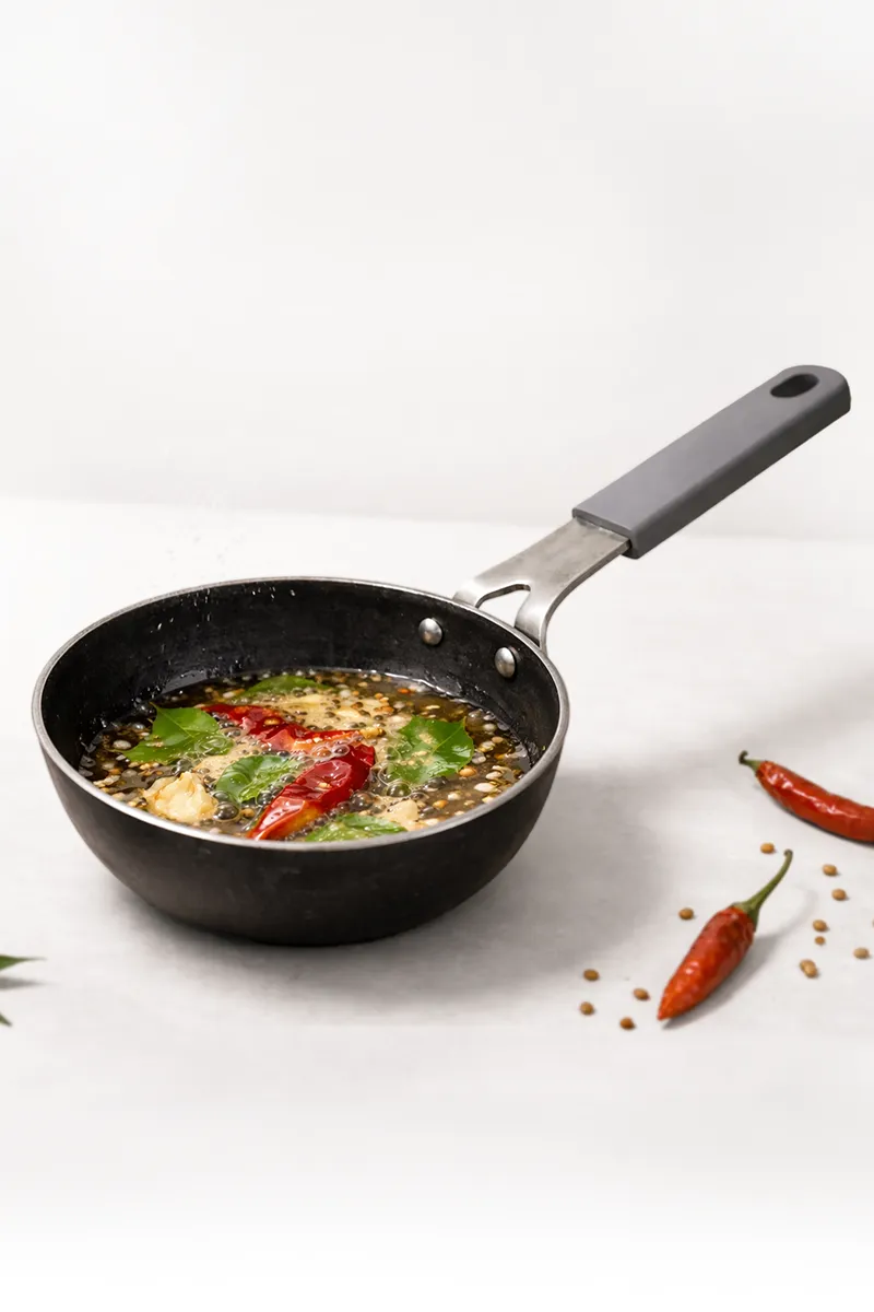 Bluevel 100% Pure Sheet Iron Tadka Pan with Silicone Handle, 400 ML, 13 Cm, Pre-Seasoned, Toxin-Free, Naturally Nonstick, Induction