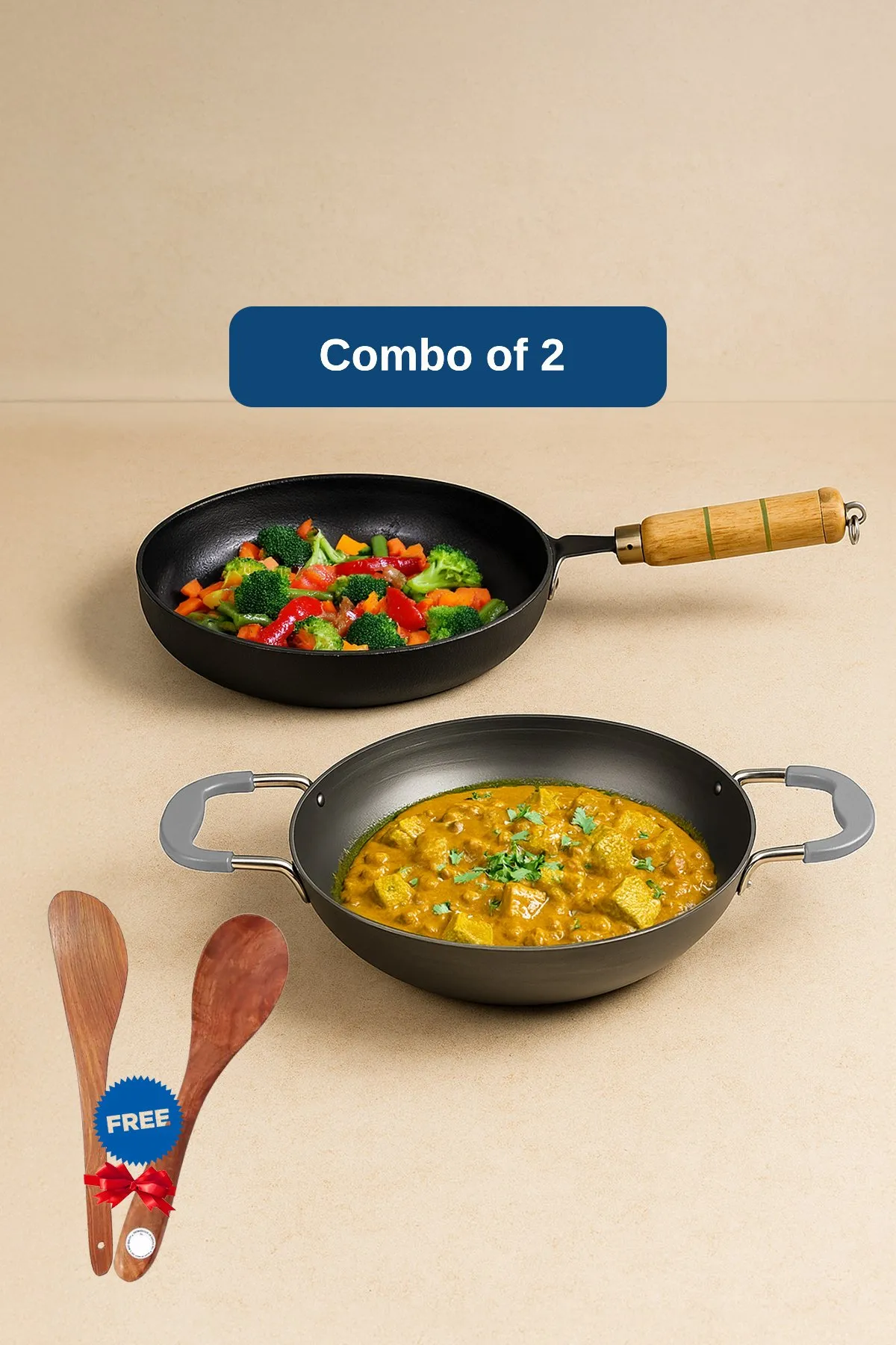 Bluevel Pure Iron Pre-Seasoned Kadai and Frypan Set with Free Ladles - Combo of 2