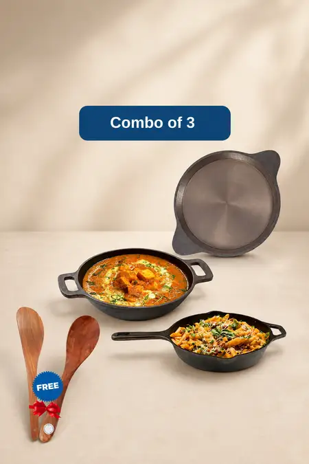 Bluevel Cast Iron Pre-Seasoned Kadai, Skillet and Frypan Set with Free Ladles - Combo of 3