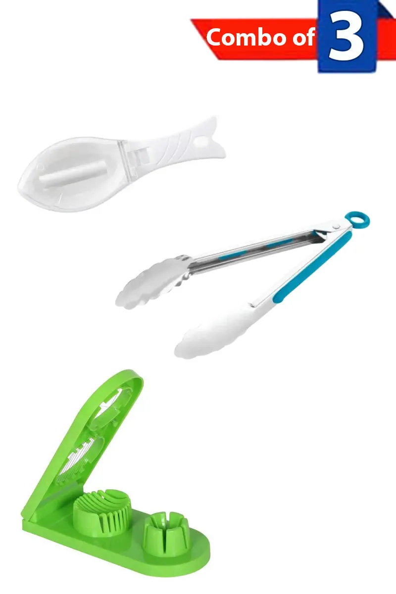 Plastic & Stainless Steel Egg Slicer, Fish Scale Scraper and Tong - Combo of 3