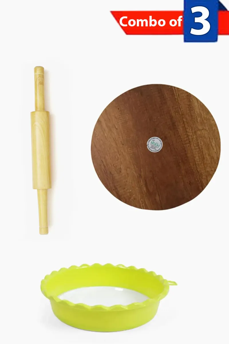 Wooden Chapati Board & Roller and Plastic Sieve Strainer - Combo of 3