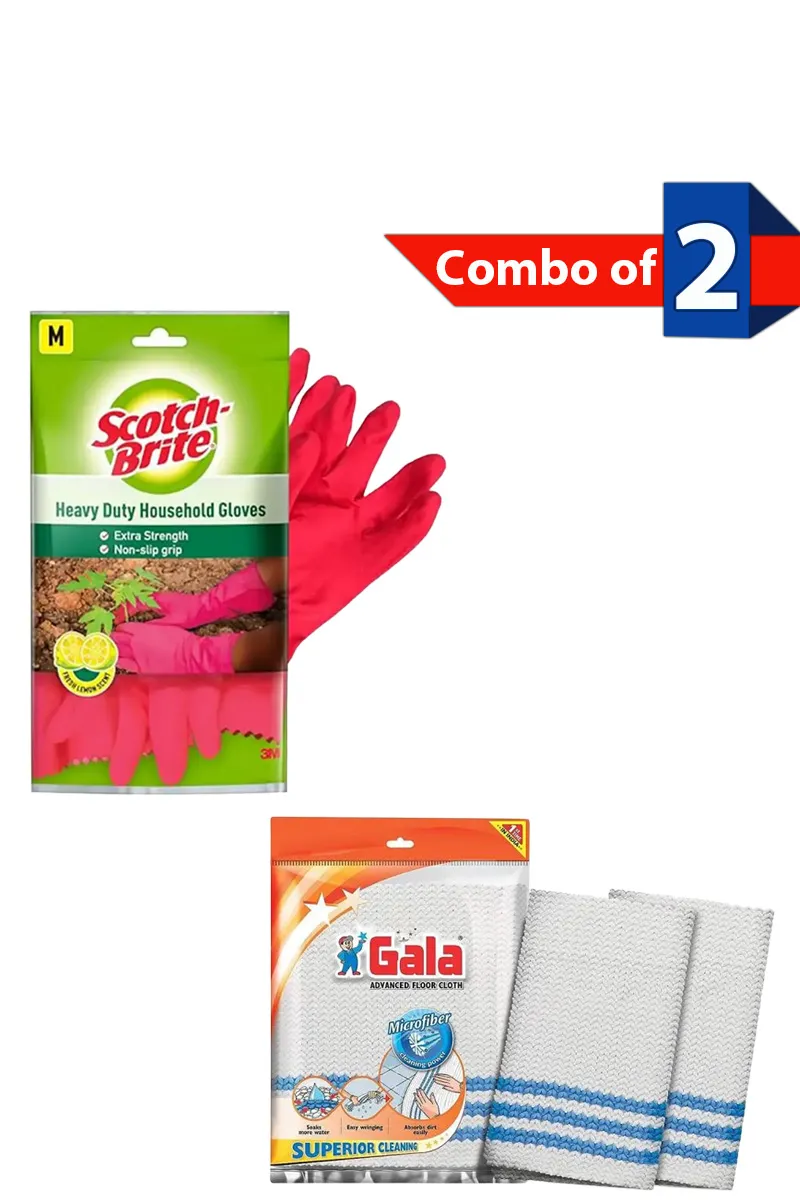 Rubber Kitchen Gloves and Floor Cleaning Cloth - Combo of 2