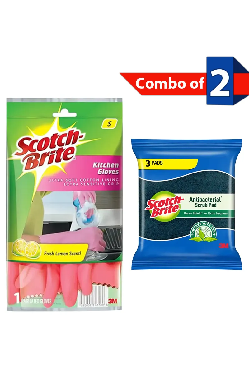 Scotch-Brite Rubber Kitchen Gloves and Polyster Scrub Pad - Combo of 2