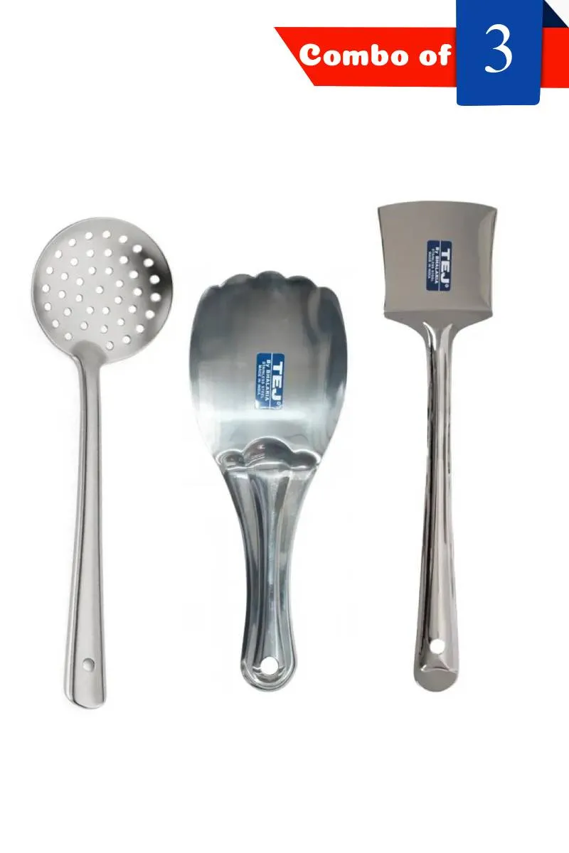 Tej Stainless Steel Skimmer, Serving Ladle and Turner - Combo of 3